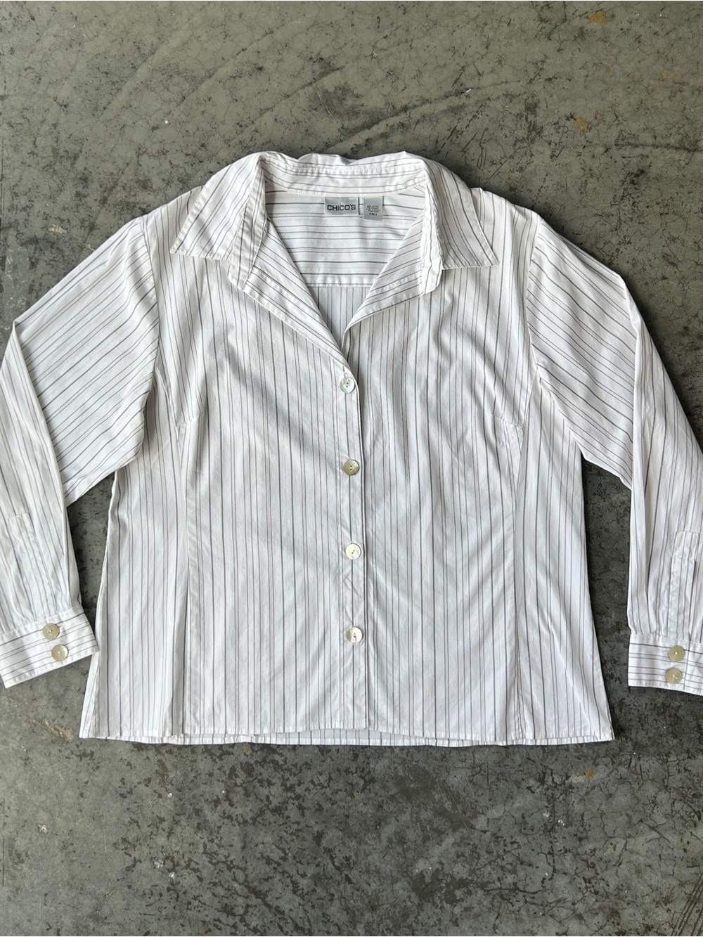 Chico's Striped Button Down Blouse Size 3 XL White Pinstripe Pearl Button Cotton